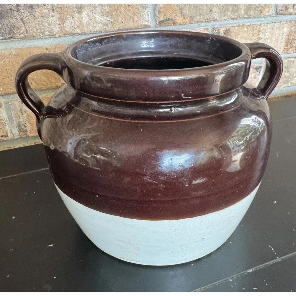Vintage Stoneware Crock Jar w/ Handles 2 qt Bean Pot Primitive Mid Century